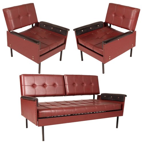 Italian Cubist Iron Faux Leather Armchairs And Daybed 1960s For Sale At Pamono