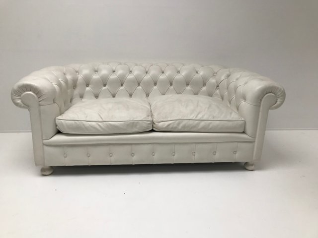 Vintage White Leather Chesterfield Sofa, White Sofa Leather