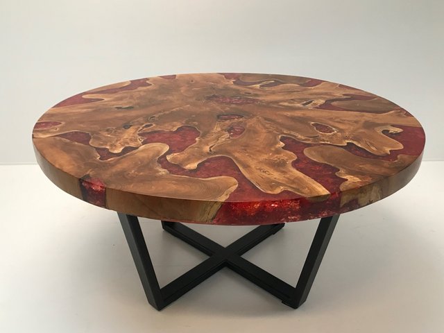 Modernist Round Wood Resin Table With, Round Resin Table