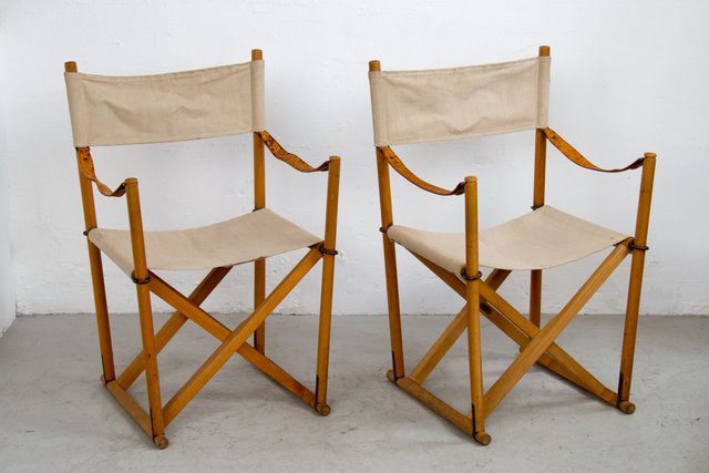 Vintage Folding Safari Chairs By Mogens, Vintage Wooden Folding Chair With Leather Seat