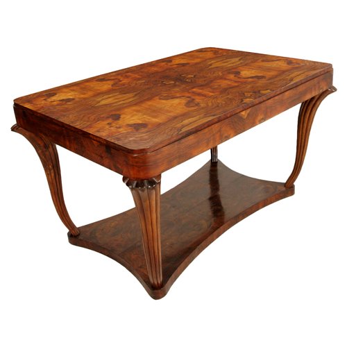 Juego de mesa y seis sillas Art Déco de madera nudosa de nogal de