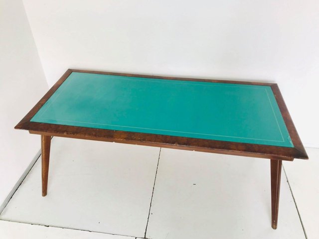 Vintage Wooden Table With Green Glass Top 1950s