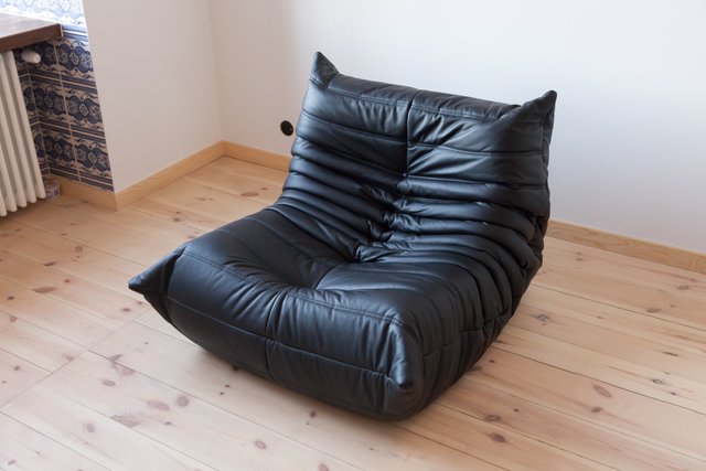 Vintage Black Leather Togo Lounge Chair 