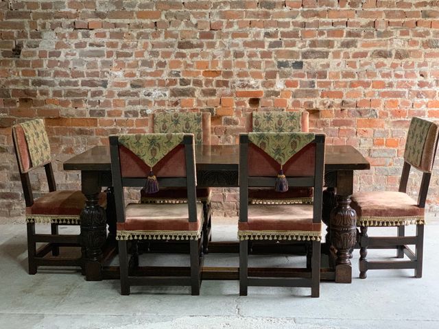 Antique Solid Oak Refectory Dining Table 6 Chairs
