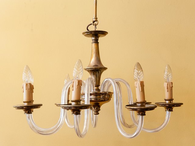 Czech Brass Handblown Glass 8 Arm Chandelier 1950s