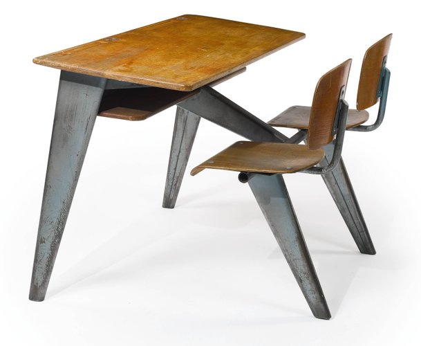 Mid Century Students Desk With Chairs By Jean Prouve For Sale At