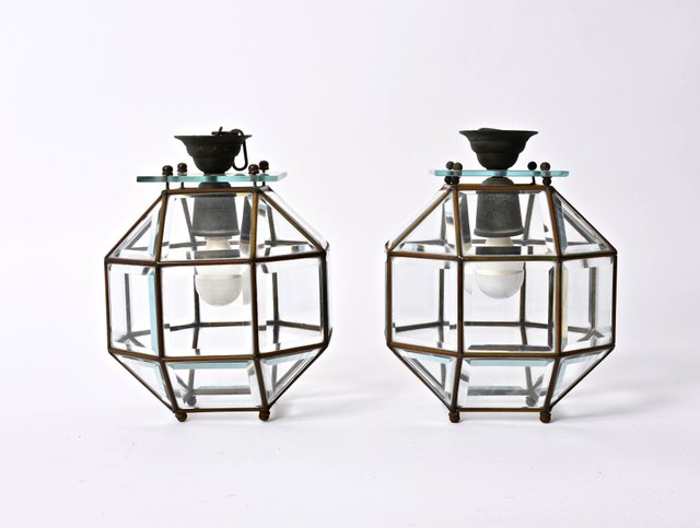 Italian Crystal Lead Brass Lantern Pendant Lamps 1900s Set Of 2