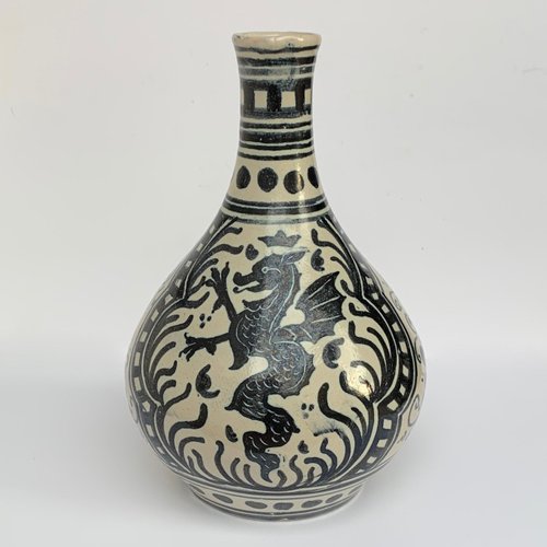 Tall Handpainted Rectangular Stoneware Vase