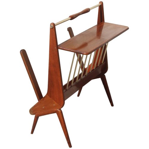 Mid-Century Italian Modern Geometric Wood & Brass Magazine Rack