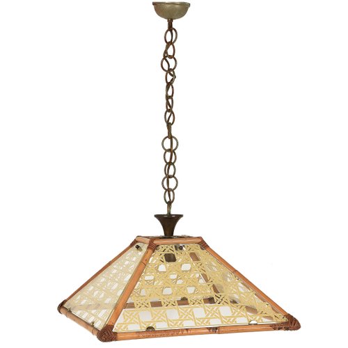 Textured Glass Rattan Bamboo Brass Pendant 1970s For Sale At Pamono