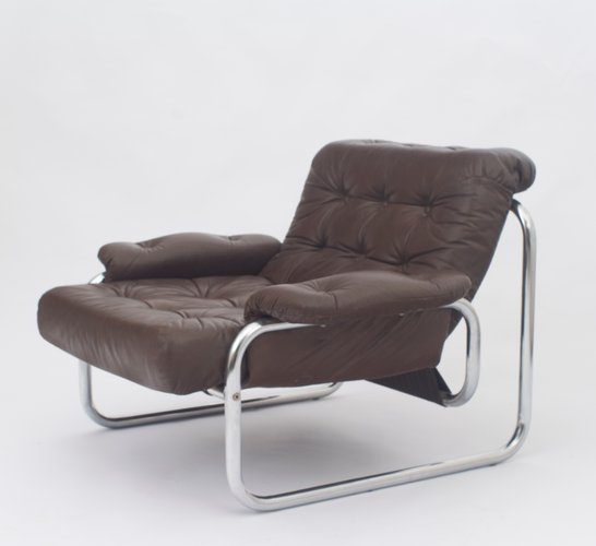 Leather Armchair With Chrome Tubular Frame By Johann Bertil