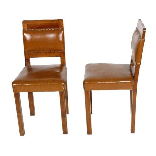 Art Deco Walnut \u0026 Leather Side Chairs, 1920s, Set of 2