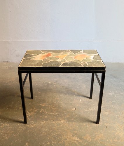 Modernist Black Metal Stone Top Side Table 1950s Modernist Black Metal Stone Top Side Table 1950s