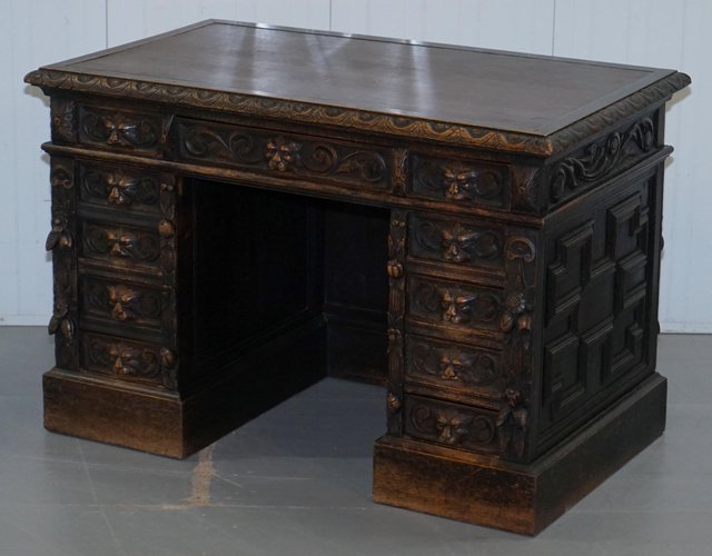English Hand Carved Oak Desk 1870s