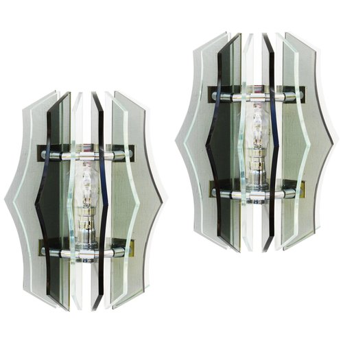 Midcentury Italian Smoked Glass Wall Lights From Veca 1970s Set Midcentury Italian Smoked Glass Wall