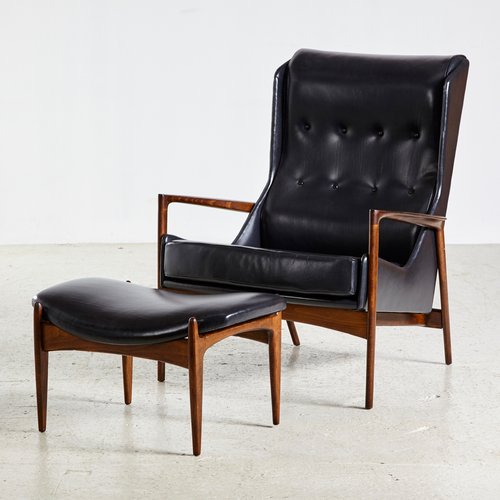 Afromosia Wingback Chair And Ottoman, Modern Leather Wingback Chair