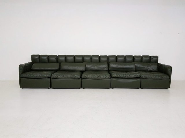 Large German Dark Green Leather Modular Sofa Set 1960s