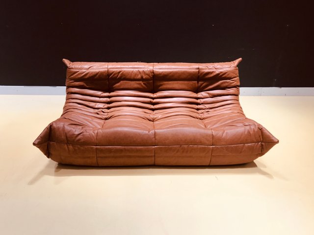 Mid Century Cognac Leather Togo Sofa By Michel Ducaroy For Ligne Roset 1970s