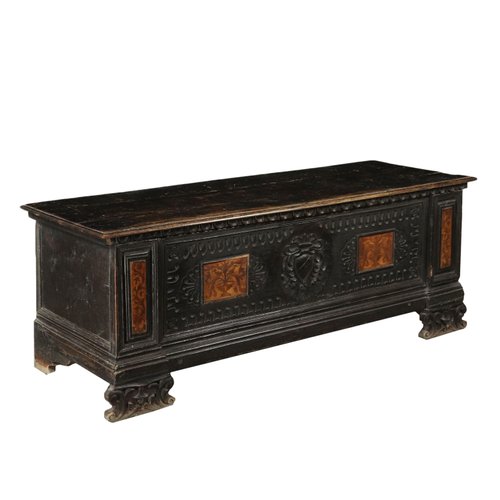 Italian Carved Inlaid Maple Walnut Storage Bench 1600s For Sale