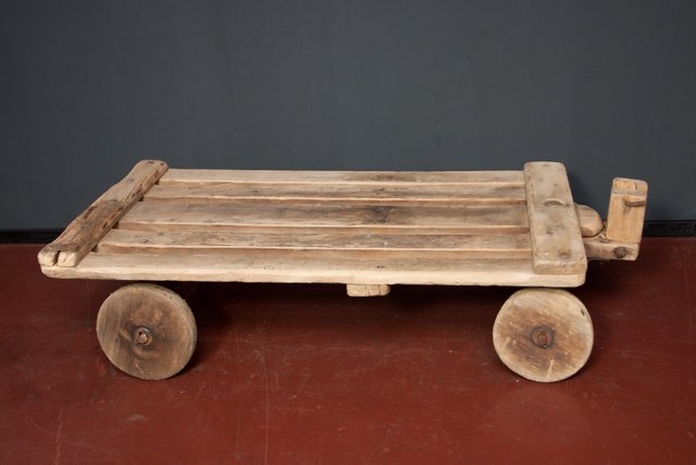 Vintage Rustic Coffee Table With Wheels, Rustic Factory Cart Coffee Table Taiwan