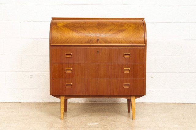 Mid Century Teak Wood Rolltop Secretary Desk By Egon Ostergaard