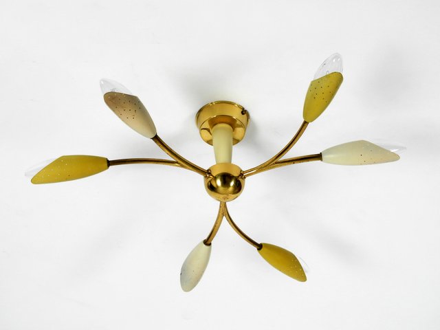 Mid Century German Brass And Metal Armed Ceiling Lamp 1950s For