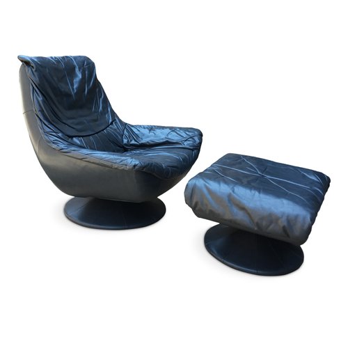 Vintage Blue Leather Swivel Lounge, Black Leather Swivel Chair With Ottoman