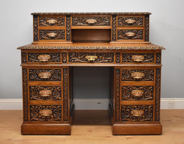 Antique Victorian Leather And Carved Oak Desk