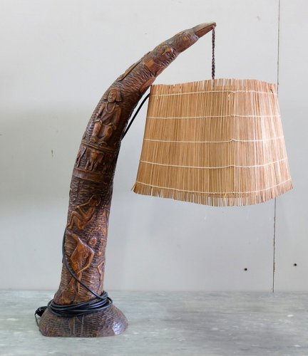 Carved Wood Lamp With Straw Shade, Vintage Wooden Carved Table Lamp Shade