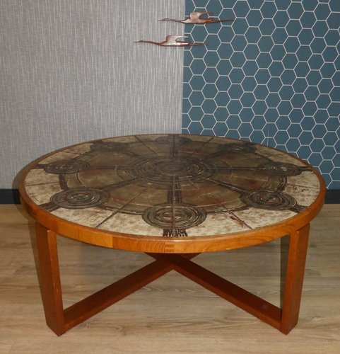 Round Danish Ox Art Ceramic And Teak, Artistic Round Coffee Table