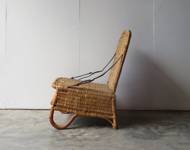 Vintage Leather And Wicker Folding Canoe Chair