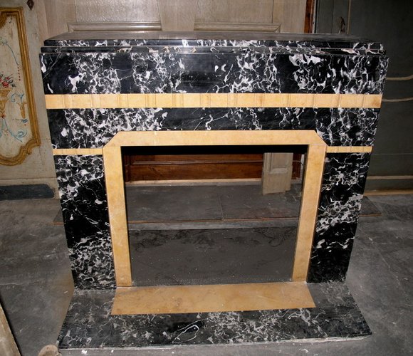 Art Deco Black Portoro Yellow Siena Marble Fireplace Mantel