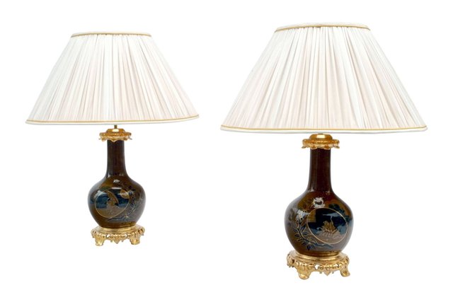 Antique Japanese Style Brown Blue, Blue Porcelain Lamp