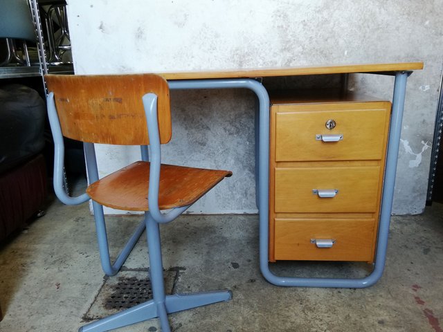 Bauhaus Style Industrial German Grey Iron Varnished Wood Desk Chair Set 1940s
