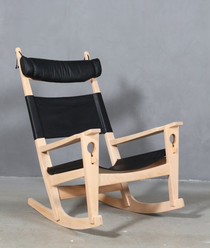 Vintage Black Aniline Leather Rocking Chair by Hans J. Wegner