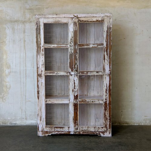 Vintage Indian White Distressed Wooden Display Cabinet 1960s For