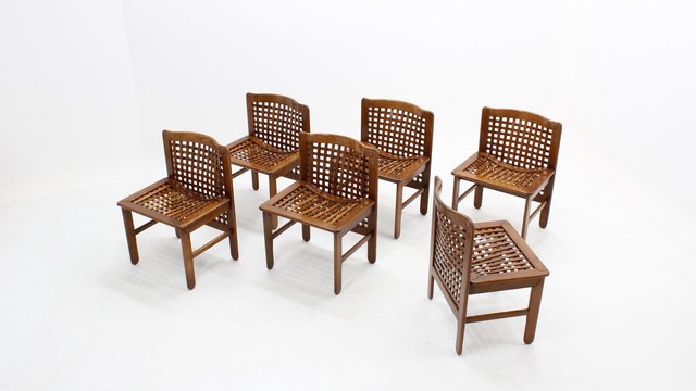 Italian Woven Wood Dining Chairs 1970s Set Of 6 For Sale At Pamono