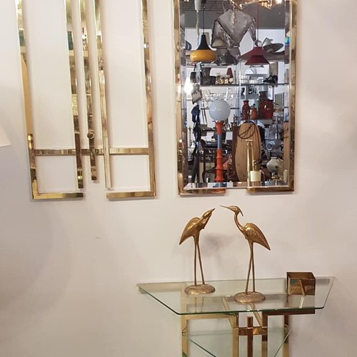 Perchero de pared Art Déco de latón con percheros, consola de espejo y