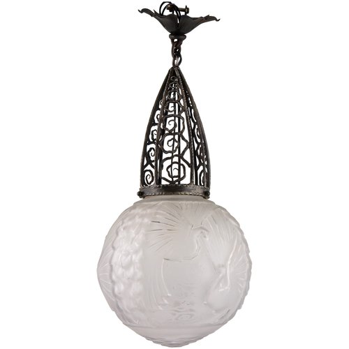Art Deco Glass Wrought Iron Peacock Ceiling Lamp By Muller