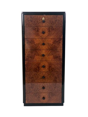 Tall Vintage Thuja Veneer Black Lacquer Chest Of 8 Drawers