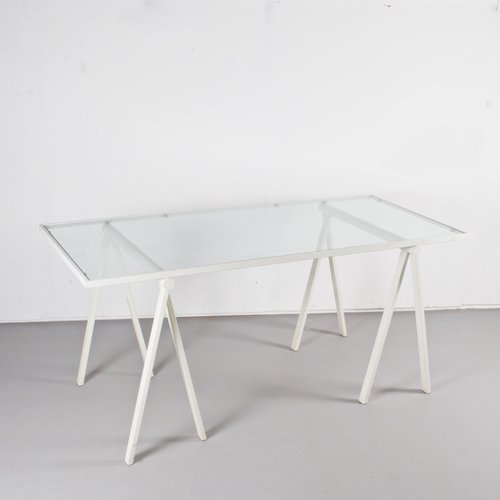 Italian White Metal Glass Trestle Base Desk By Rodney Kinsman White Metal Glass Trestle Base Desk
