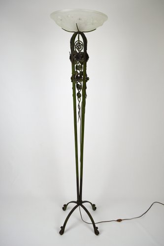 French Art Deco Wrought Iron Floor Lamp, Vintage Wrought Iron Floor Lamp