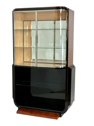 Black Lacquer And Amboina Burl Veneer Display Cabinet 1930s For