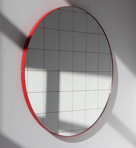 Large Red Orbis Round Mirror With Grid By Alguacil Perkoff Ltd For At Pamono Large Red Orbis Round Mirror With Grid, Red Round Mirror
