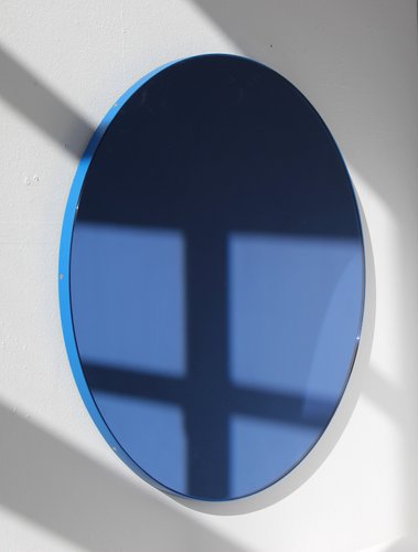 Small Blue Tinted Orbis Round Wall Mirror With Frame By Blue Tinted Orbis Round Wall Mirror