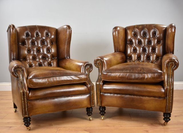 Antique Victorian Whiskey Brown Leather, Leather Arm Chairs