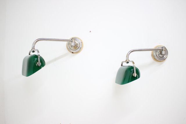 Green Glass Banker Sconces, 1930s, Set of 2 Green Glass Banker Sconces, 1930s, Set of 2
