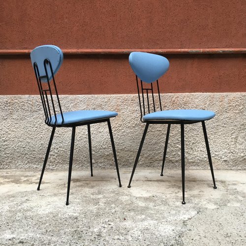 Italian Light Blue Leatherette And Black Metal Dining Chairs 1980s Set Of 4 For Sale At Pamono
