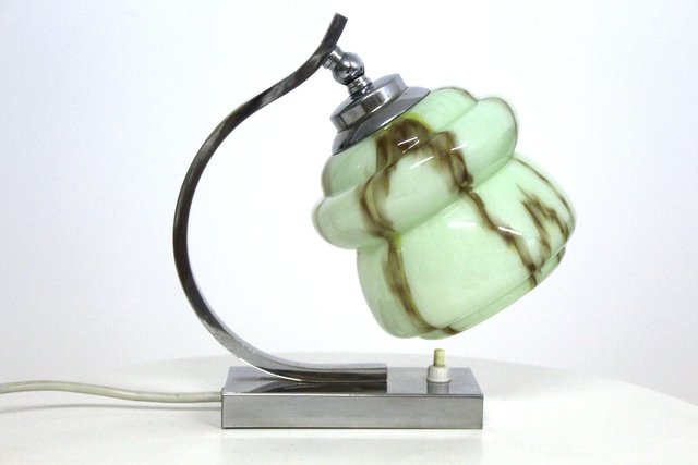 Lampes de Bureau en Chrome Plaqué et en Laiton et en Verre Opalin Marbré, années 30, Set de 2 Lampes de Bureau en Chrome Plaqué et en Laiton et en Verre Opalin Marbré, années 30, Set de 2