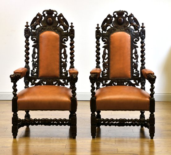 Antike viktorianische Armlehnstühle aus Eiche & Leder, 2er Set bei